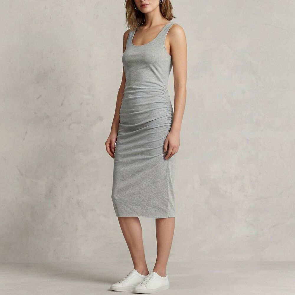 Athleta Gray Side Ruched Tank Midi Dress Bodycon Scoop Neck Medium